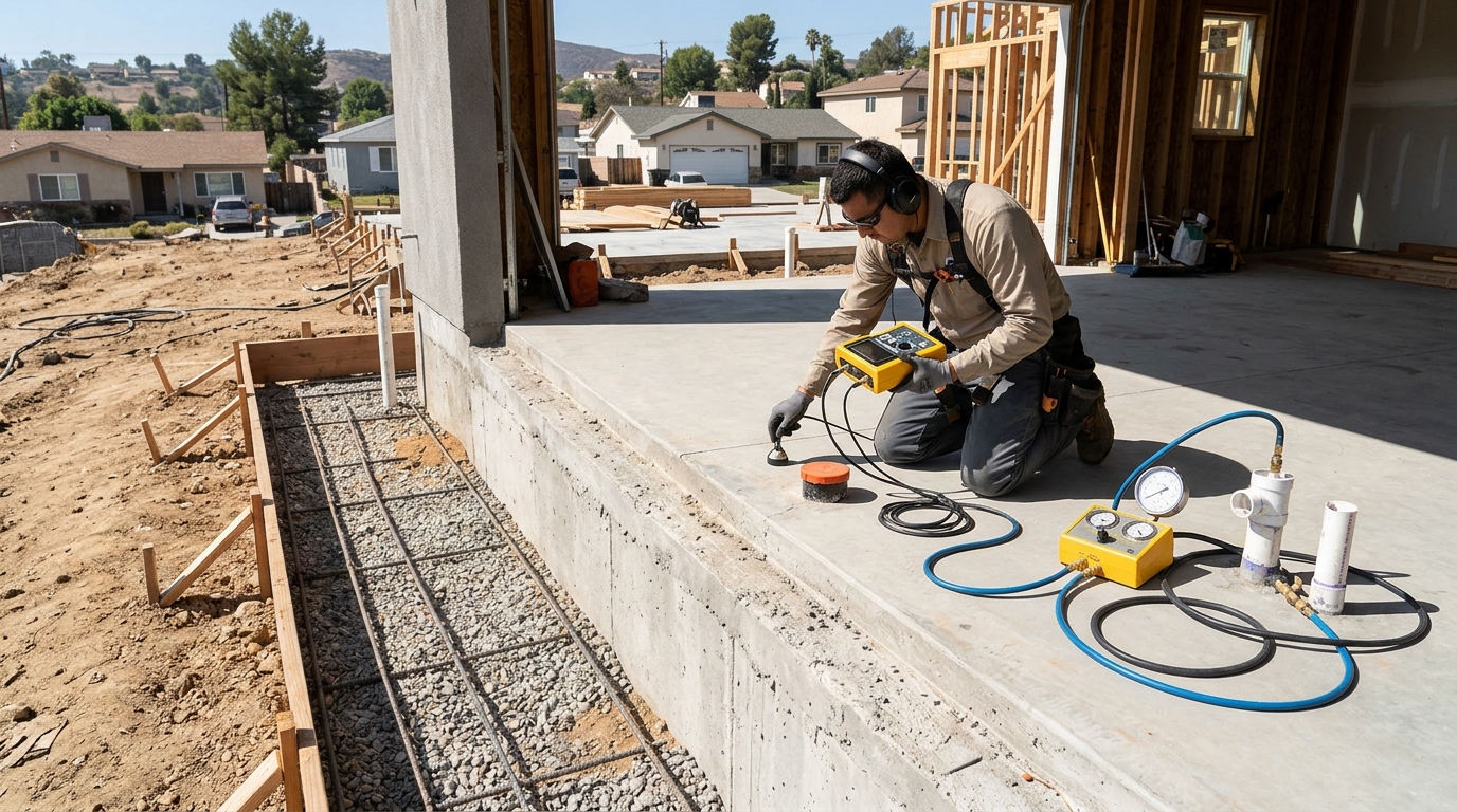Plumber testing copper water pressure lines under concrete foundation in Encinitas